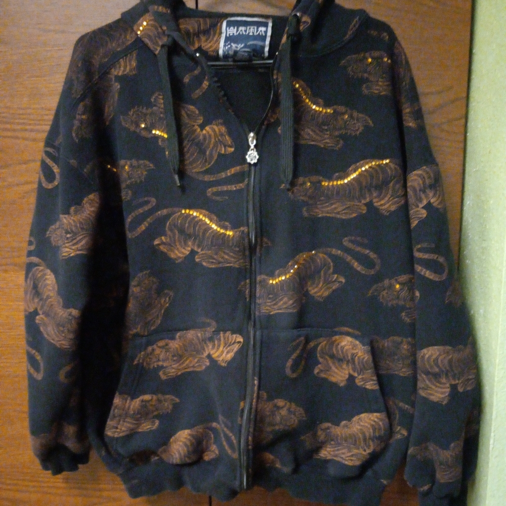 Zip Front Black Hooded Jacket Hoodie Men's Tiger Print w Rhinestones
